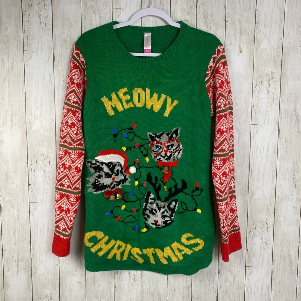 Meowy Cat Christmas Sweater Ugly Prizewinning Size XL Crewneck Bells Lights Up!